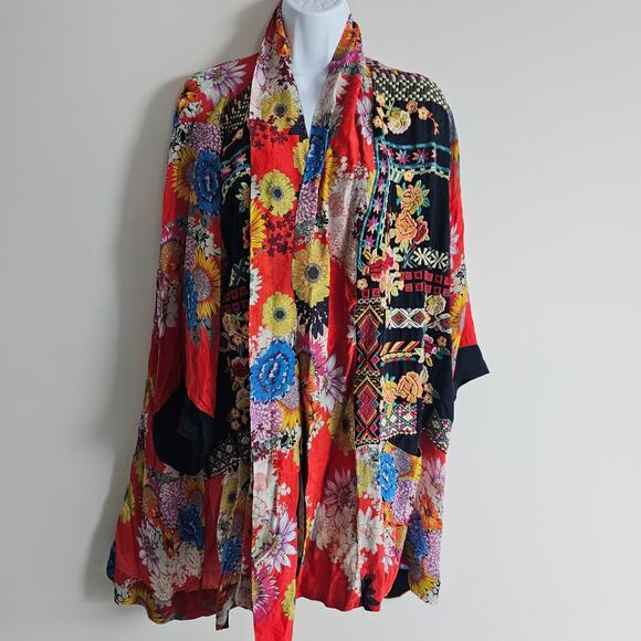Johnny Was Silk Kimono Jacket Womens XL Orange Floral Embroidered Boho Coastal